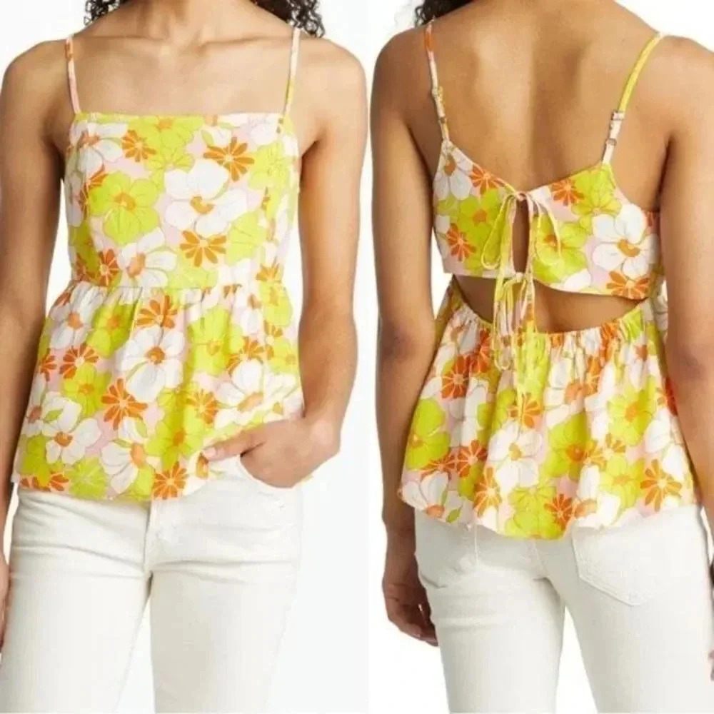 Sanctuary Linen Blend Floral Cami Top Large Multicolor Square Neck Cut Out NWT